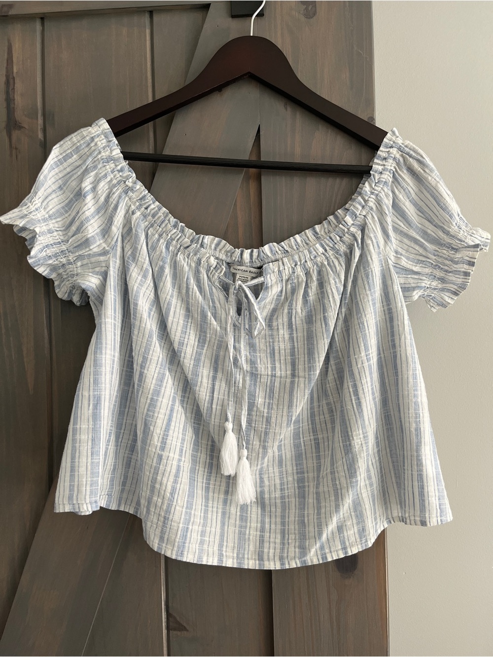 American Eagle Outfitters Blue and White Striped Off-Shoulder Tassel Top
